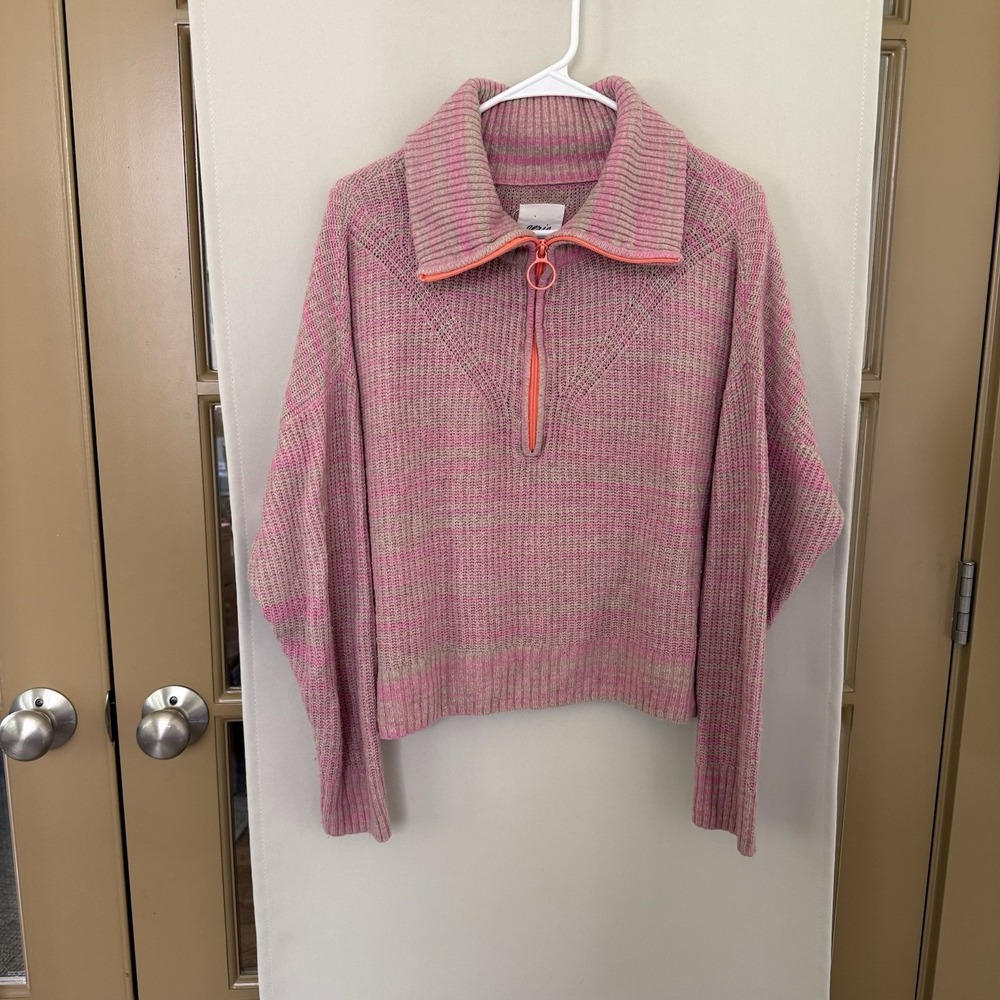 Aerie Womens Medium Pink Tan 1/4 Quarter Zip Wool Blend Long Sleeve Sweater